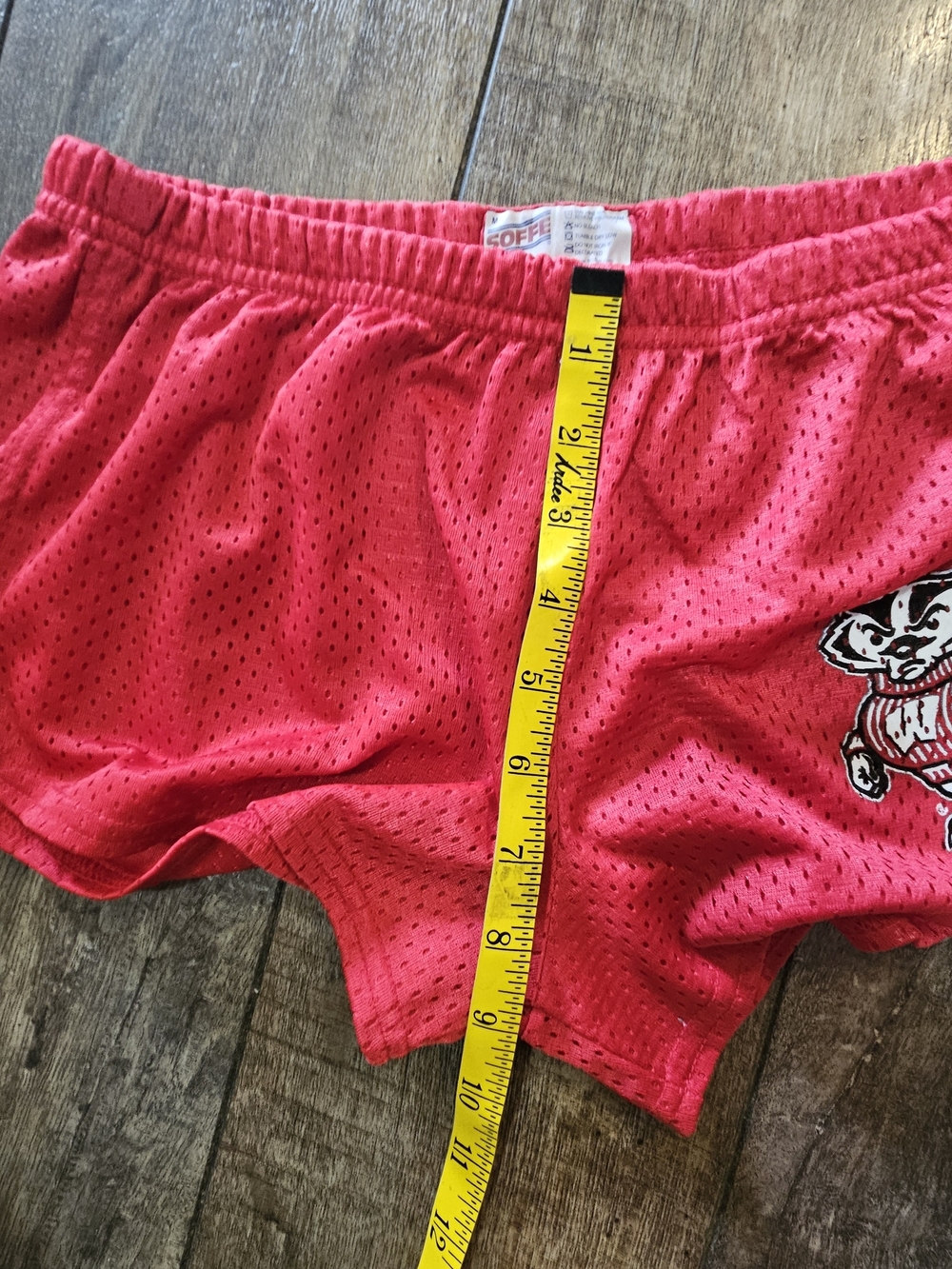 Women's Red Mesh Athletic Shorts with Bucky Badger Wisconsin Graphic - Picture 7 of 9